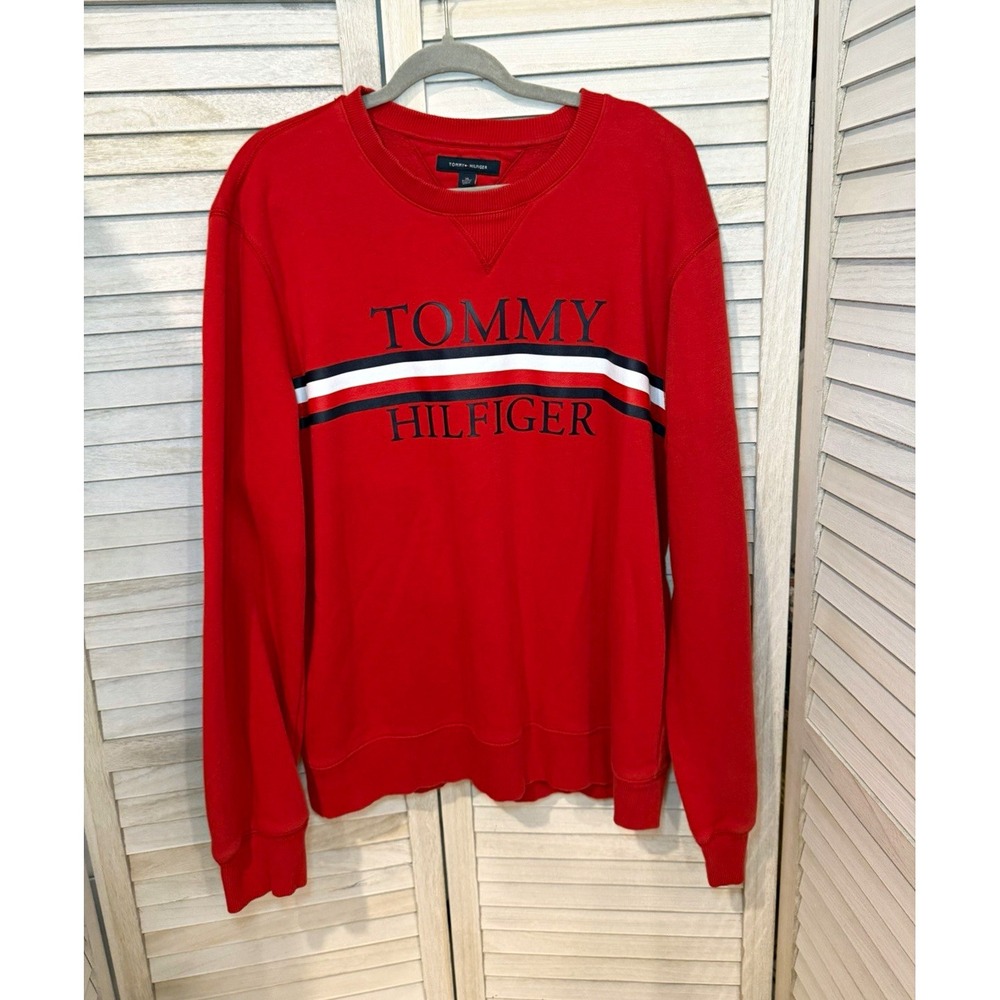 Tommy Hilfiger Red Logo Graphic Print Fleece Crewneck Pullover Sweatshirt XL